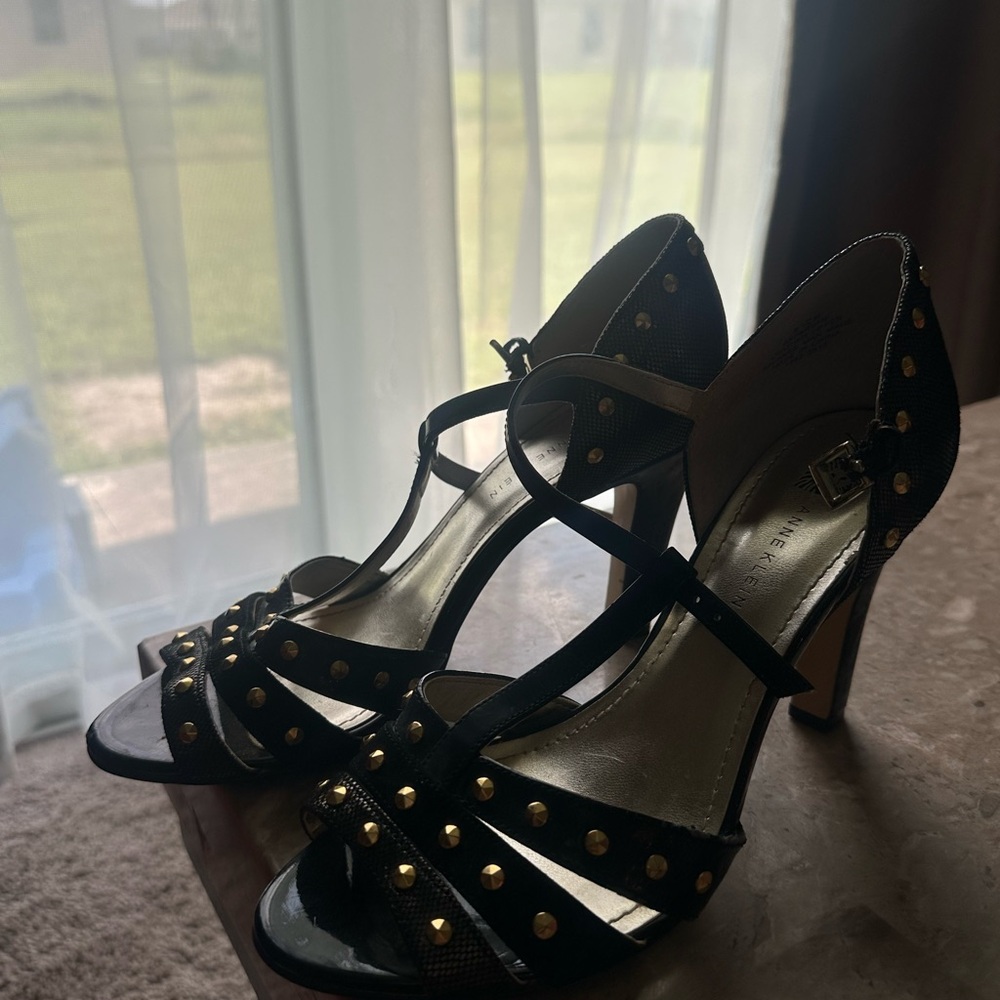 Anne Klein Black and Gold Studded Heels